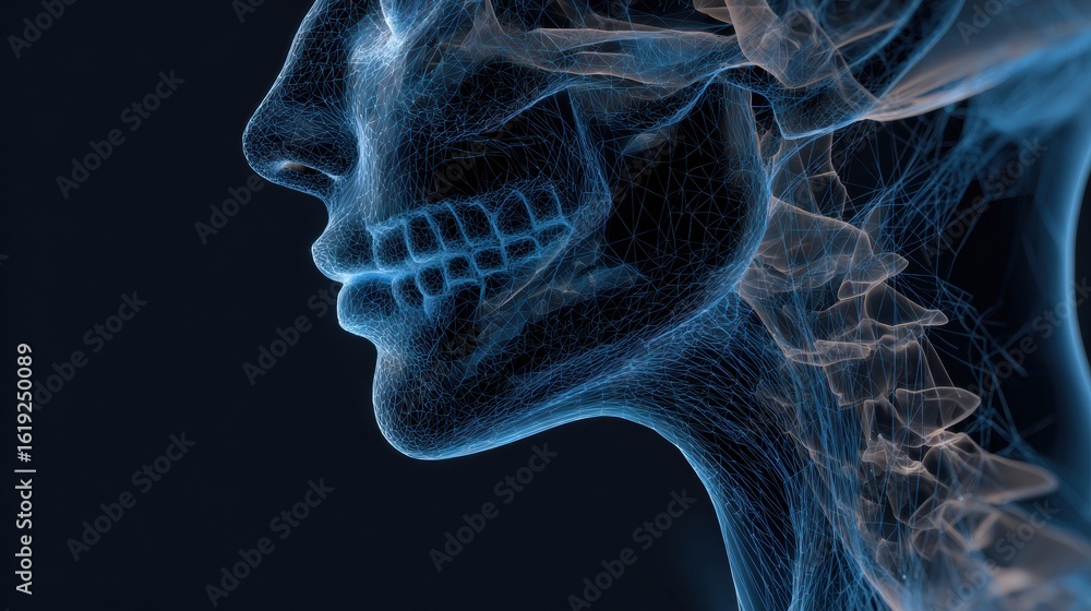 Aufkleber exploring an advanced abstract 3d mesh depicting facial curves and bone structure in a glowing medic