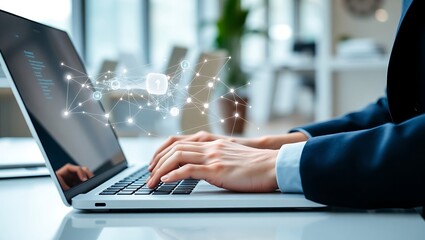 Close-up shot of a person typing on a laptop with a futuristic digital network overlay, symbolizing data connection and business operations.