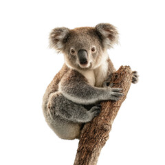 Naklejka premium Adorable koala bear clinging to a tree branch against a pure black backdrop., flat icon style