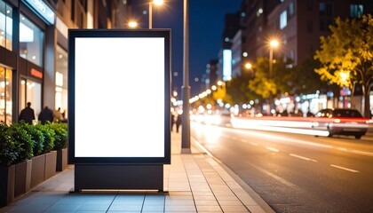 Blank billboard at a bus stop downtown. Suitable for advertising campaigns, cityscape concepts, public transportation promotions. Ideal for marketing, urban settings