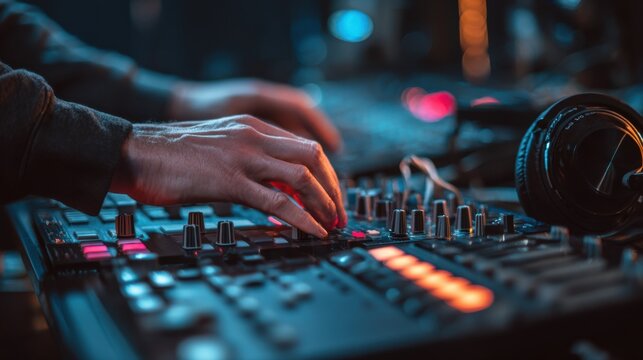 Medium shot of hands manipulating MIDI controllers with sharp clarity while outoffocus audio panels and headphones frame the scene highlighting dynamic podcast soundtrack