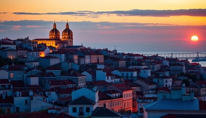 Alfama rooftops bathed in golden dusk light, Lisbon cityscape at sunset,  view, Lisbon