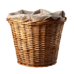 Obraz premium Empty wicker laundry basket with a checkered cloth lining, isolated on black., on a transparent background