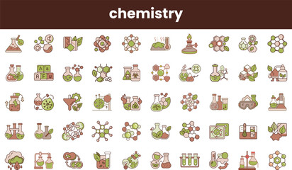 A vibrant collection of chemistry-themed icons featuring flasks, molecules, and laboratory equipment in earthy tones, perfect for educational materials.