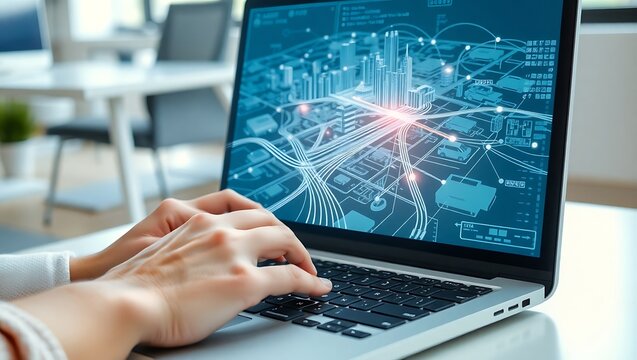 Close-up realistic photo of a person's hands typing on a laptop, managing a futuristic smart city network with digital data connections.