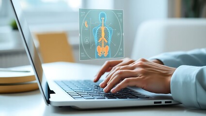 Digital Health Visualization Human Anatomy Displayed on Laptop Screen, Modern Medical Technology Concept
