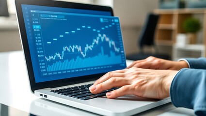 High-quality closeup of hands typing on a laptop, with a professional analyzing a growing stock market chart and financial data on the blue screen.