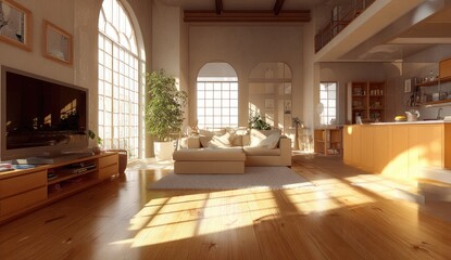 Sunlit open-plan living area with kitchen