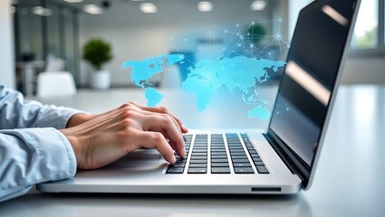 Hands Typing on Laptop with World Map Projection Connecting, Networking, and Global Communication