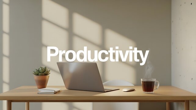 Laptop, Coffee, and Succulent on Desk with "Productivity" Text Overlay