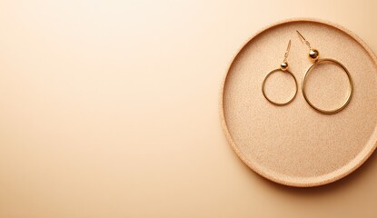 Gold hoop earrings on a beige tray
