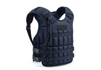 A tactical-style navy blue weighted vest for enhancing strength training and endurance, isolated on white.