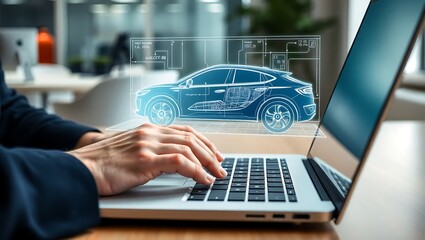 Automotive engineer using a laptop with augmented reality to design a futuristic electric vehicle blueprint.