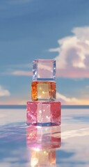 Stacked, colorful, crystal cubes on water, serene sky