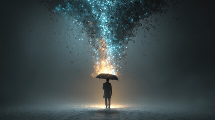 Figure Shielding Umbrella from Downpour of Glowing Letters Symbolizing Resilience