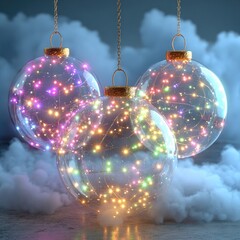 Three glass Christmas ornaments, filled with colorful fairy lights, hang from chains against a backdrop of clouds