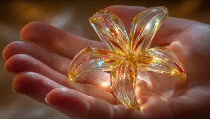 Ornate glass lily held gently in a hand