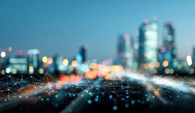 Cityscape at night, network overlay - Powered by Adobe