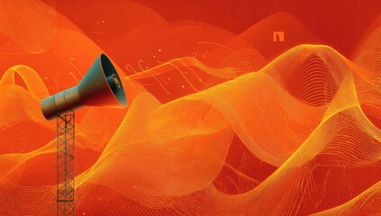 A large megaphone broadcasts over a vibrant, orange digital landscape