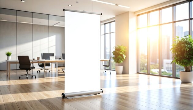 Blank pullup banner in a modern office space. Ideal for showcasing event information or promotions in a sleek setting. Perfect for marketing material, trade shows, conferences, and office decor.
