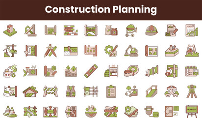 A colorful collection of construction planning icons featuring tools, machinery, buildings, and project elements, ideal for design and architectural themes.