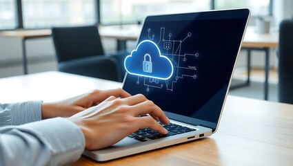Closeup of a person's hands on a laptop keyboard with a glowing cloud and padlock icon on screen. Concept of cybersecurity, data protection, and secure network computing.