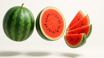 Fresh Sliced Watermelon Collection Isolated on White. Levitating Watermelon Slices on White Background. 