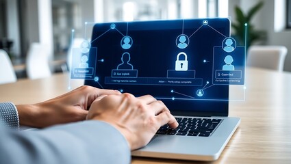 Businessman's hands on a laptop keyboard, accessing a secure network through a futuristic user authentication interface with a padlock icon.