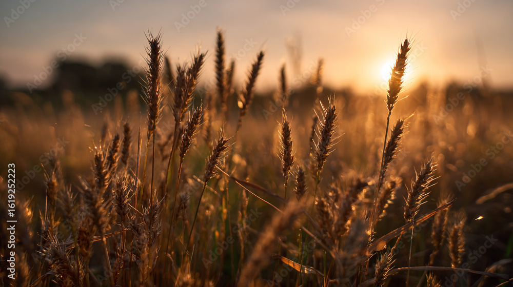 Poster golden wheat field illuminated by the setting sun in a serene landscape view