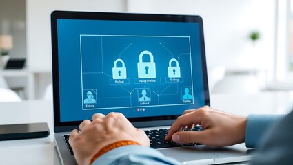 A closeup shot of a professional typing on a laptop, implementing a robust multi-factor authentication system for enhanced digital security.