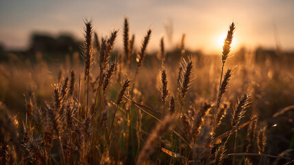 Obraz premium Golden wheat field illuminated by the setting sun in a serene landscape view