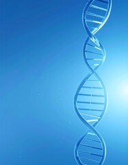 A translucent, spiraling DNA double helix against a bright blue background