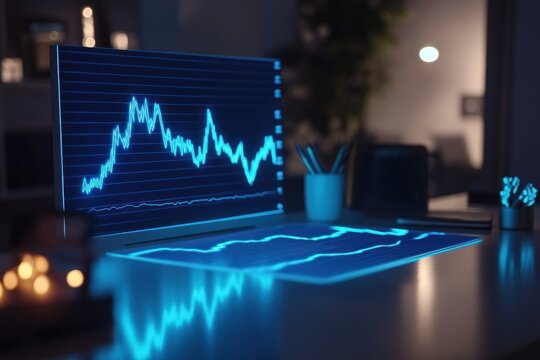 Computer screen displaying a blue line graph with desk accessories and a blurred background scene