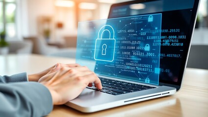 A person's hands typing on a laptop with a glowing holographic padlock icon on the screen. Concept of cybersecurity, data protection, and internet security.
