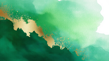 緑の水彩ブラシが広がる中に金箔が舞うように配置された、エレガントで抽象的な背景イラスト。上品で静かな印象を与えつつ、デザイン全体に高級感を演出するテクスチャ素材。