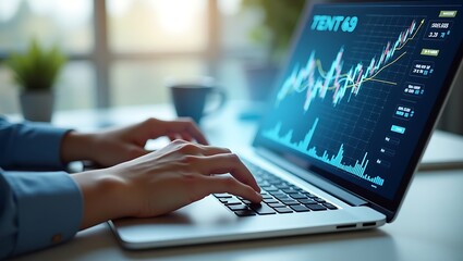 Financial analyst working on a laptop, examining a glowing blue stock exchange chart for successful investment and trading strategies.