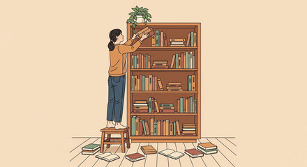 a young woman arranging books on a tall wooden bookshelf