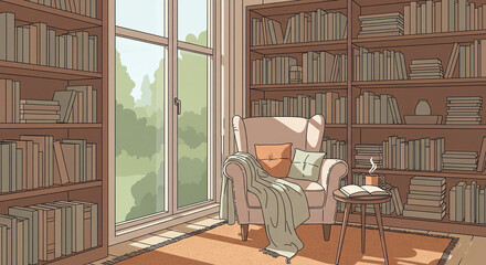 a comfy reading nook under a window