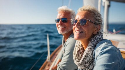 Obraz premium A mature couple enjoying a boat ride on the ocean wearing sunglasses smiling