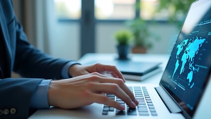 Closeup of a businessman's hands typing on a laptop with a digital world map on the screen, representing global business and technology.