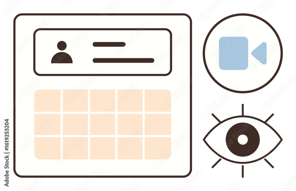 Poster user profile and calendar interface with video call icon and eye symbol. ideal for scheduling, virtu