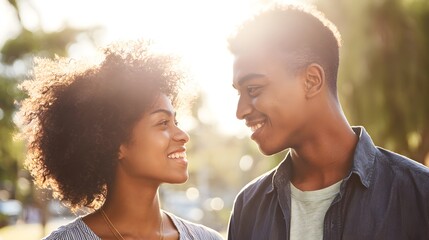 A smiling interracial couple enjoying golden hour in a soft, blurred park setting.