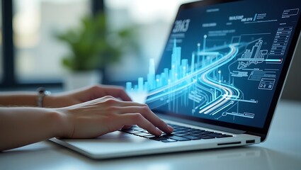 Person using laptop with digital road map interface