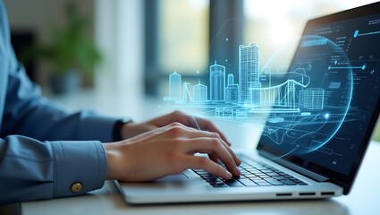 Close-up of a person's hands working on a laptop, showcasing digital cityscape and technology concepts.