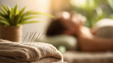 Close-Up of Acupuncture Needles Arranged on Towel During Professional Treatment Session, Patient on Table in Soft-Lit Clinical Setting with Plants