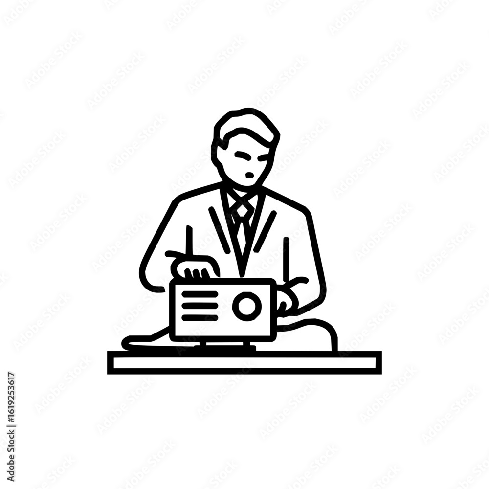 Poster illustration of a person in a suit working on a computer at a desk in a simple line drawing style