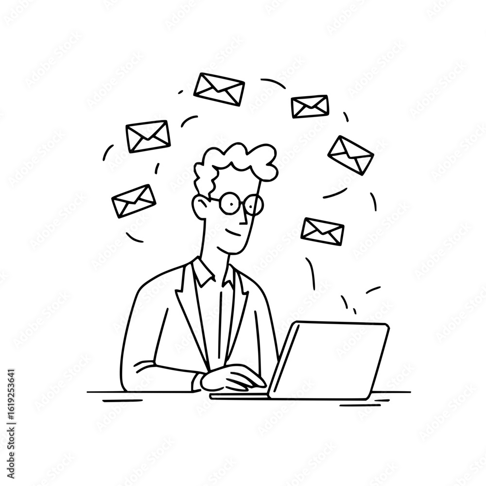 Poster man with glasses using laptop surrounded by floating mail envelopes in a black and white line drawin