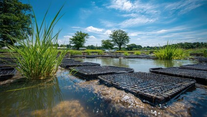 Water feature with raised planting beds