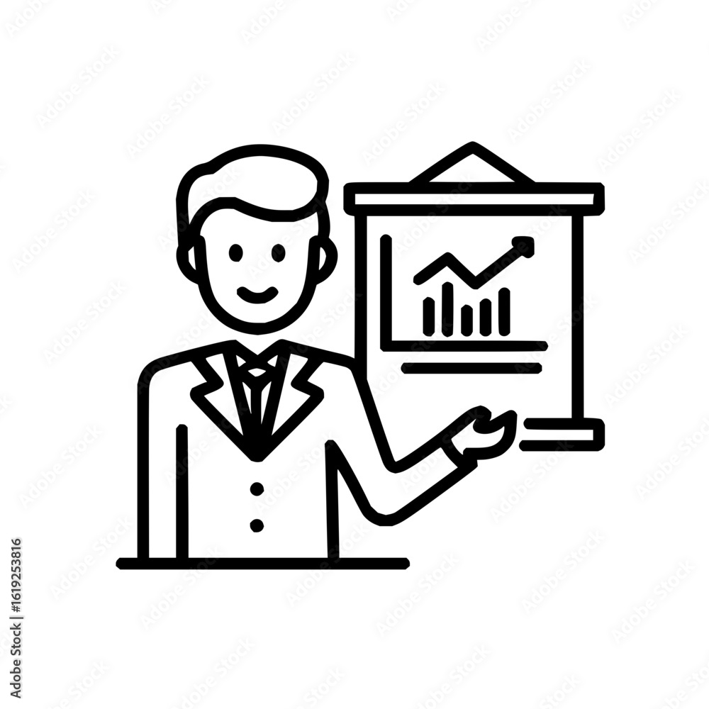 Aufkleber man in suit presenting a growth chart on a presentation board with an upward trending arrow graph li