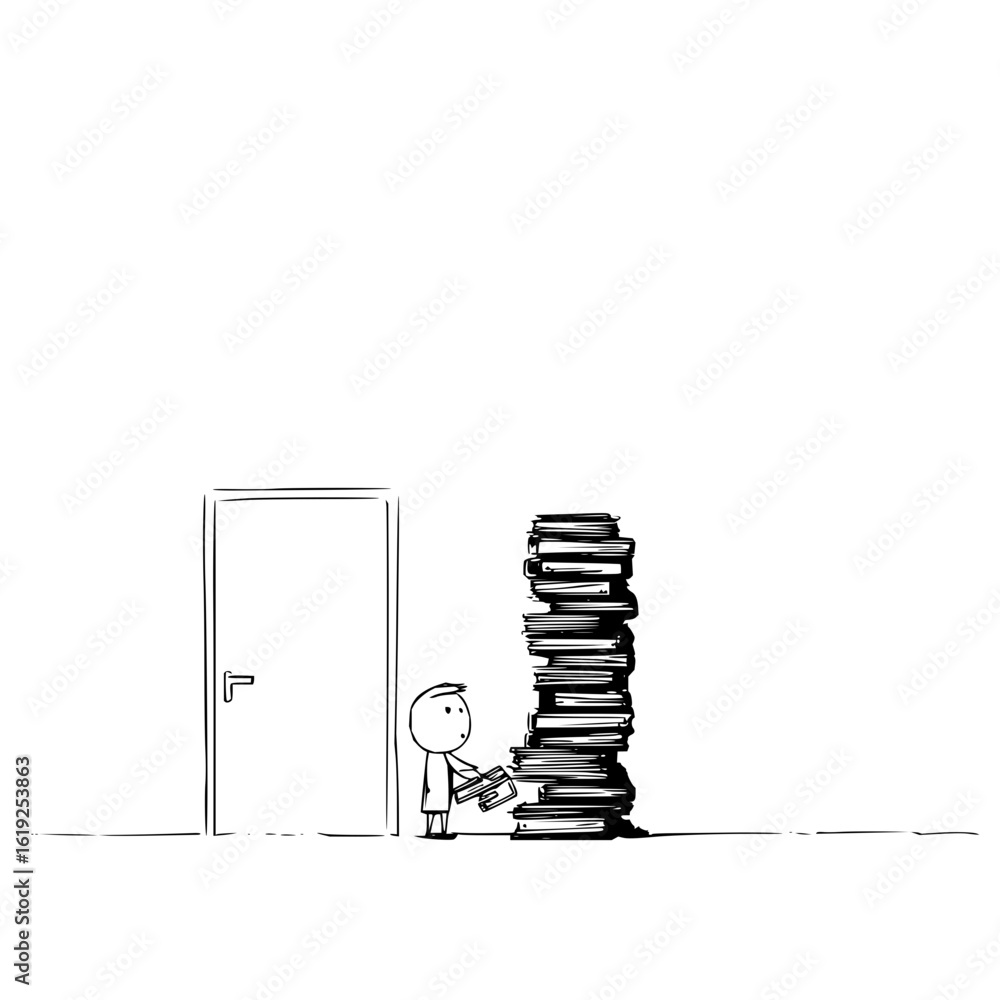 Poster a minimalist drawing showing a person stacking books next to a closed door in a simple black and whi